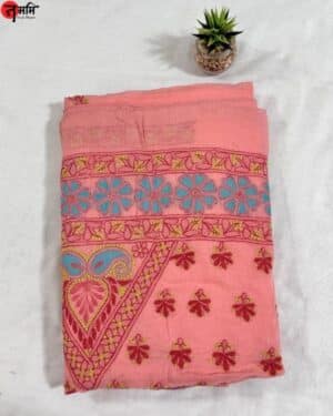 Light Peach Cotton Chikankari Saree