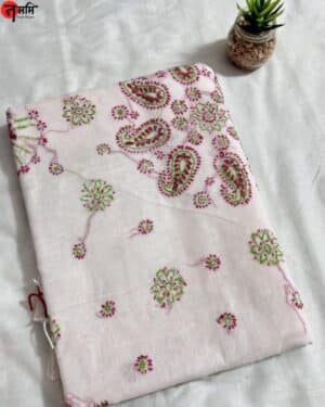 White Cotton Chikankari Saree with Pink & Green Thread Work