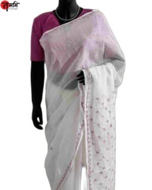 White Cotton Chikankari Saree with Pink Thread Work