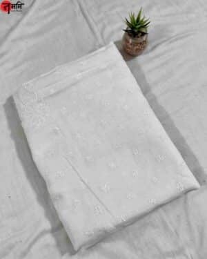 White Cotton Chikankari Saree with White Thread Work