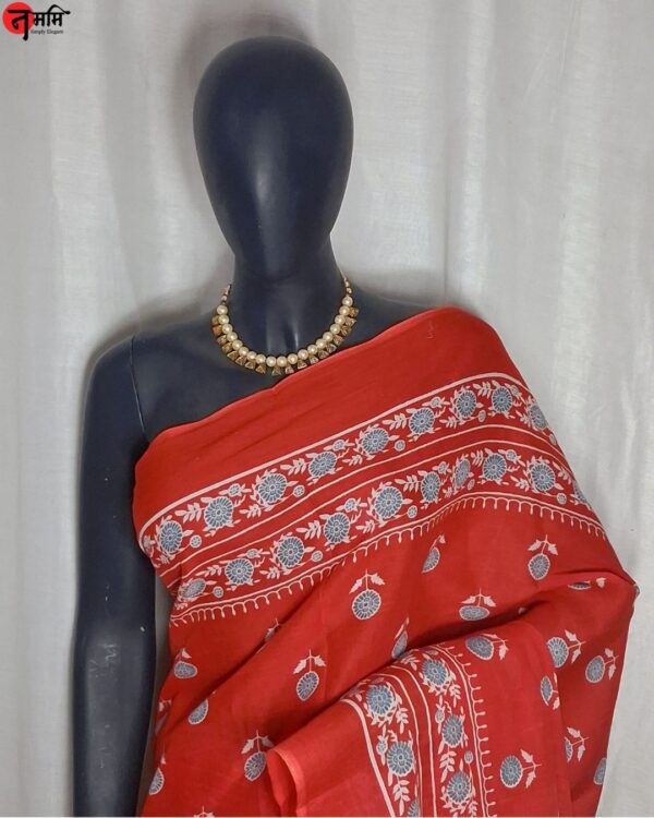 Red Hand Block Printed Cotton Saree - Image 2