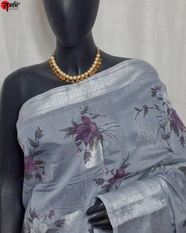 Grey Cotton Silk Printed Saree - Image 2