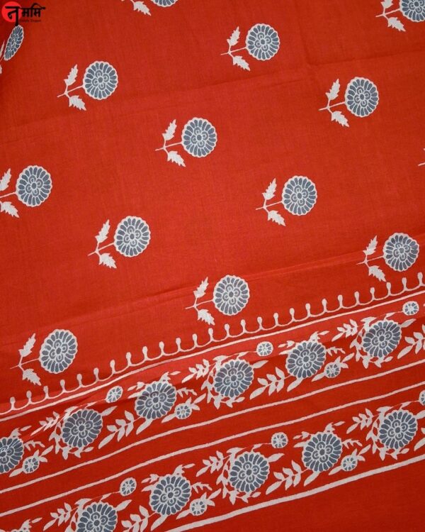 Red Hand Block Printed Cotton Saree - Image 3