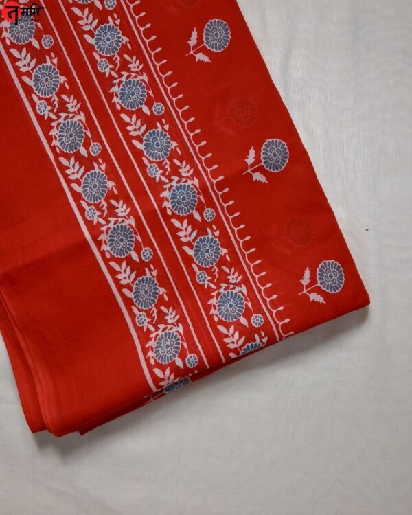 Red Hand Block Printed Cotton Saree - Image 4