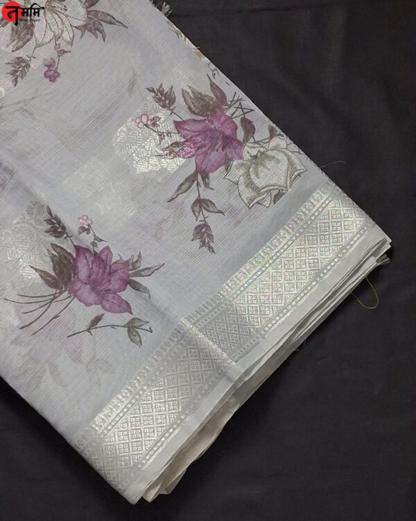 Grey Cotton Silk Printed Saree - Image 3