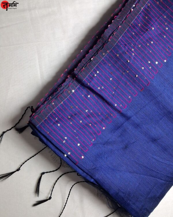 Blue Sequence Work Cotton Silk Saree - Image 2