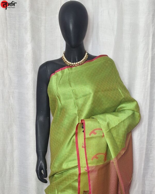 Green Banarsi Cotton Silk Saree - Image 3