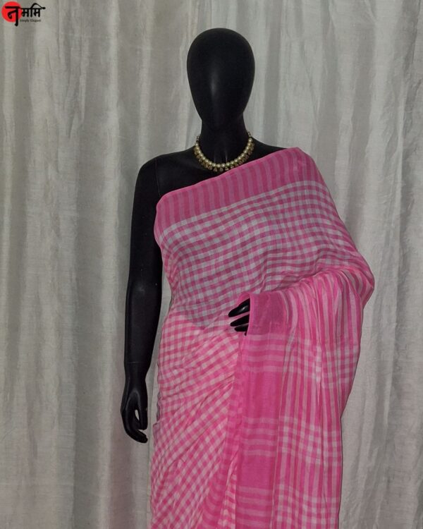 Pink Checked Cotton Saree - Image 3