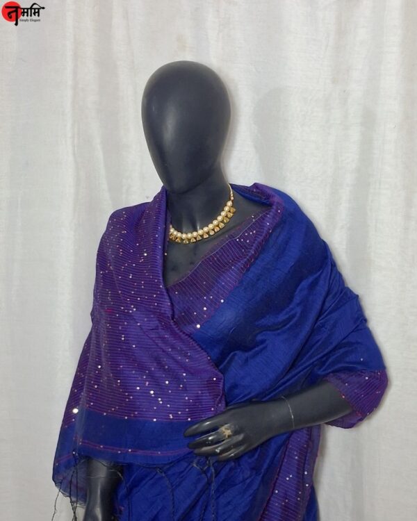 Blue Sequence Work Cotton Silk Saree - Image 3