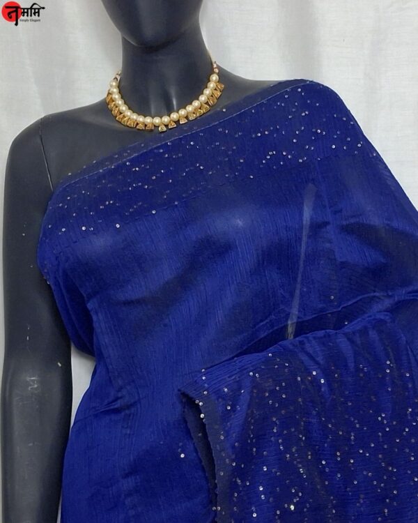 Blue Sequence Work Cotton Silk Saree - Image 4
