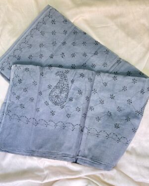 Grey Cotton Chikankari Saree with Black Thread Work