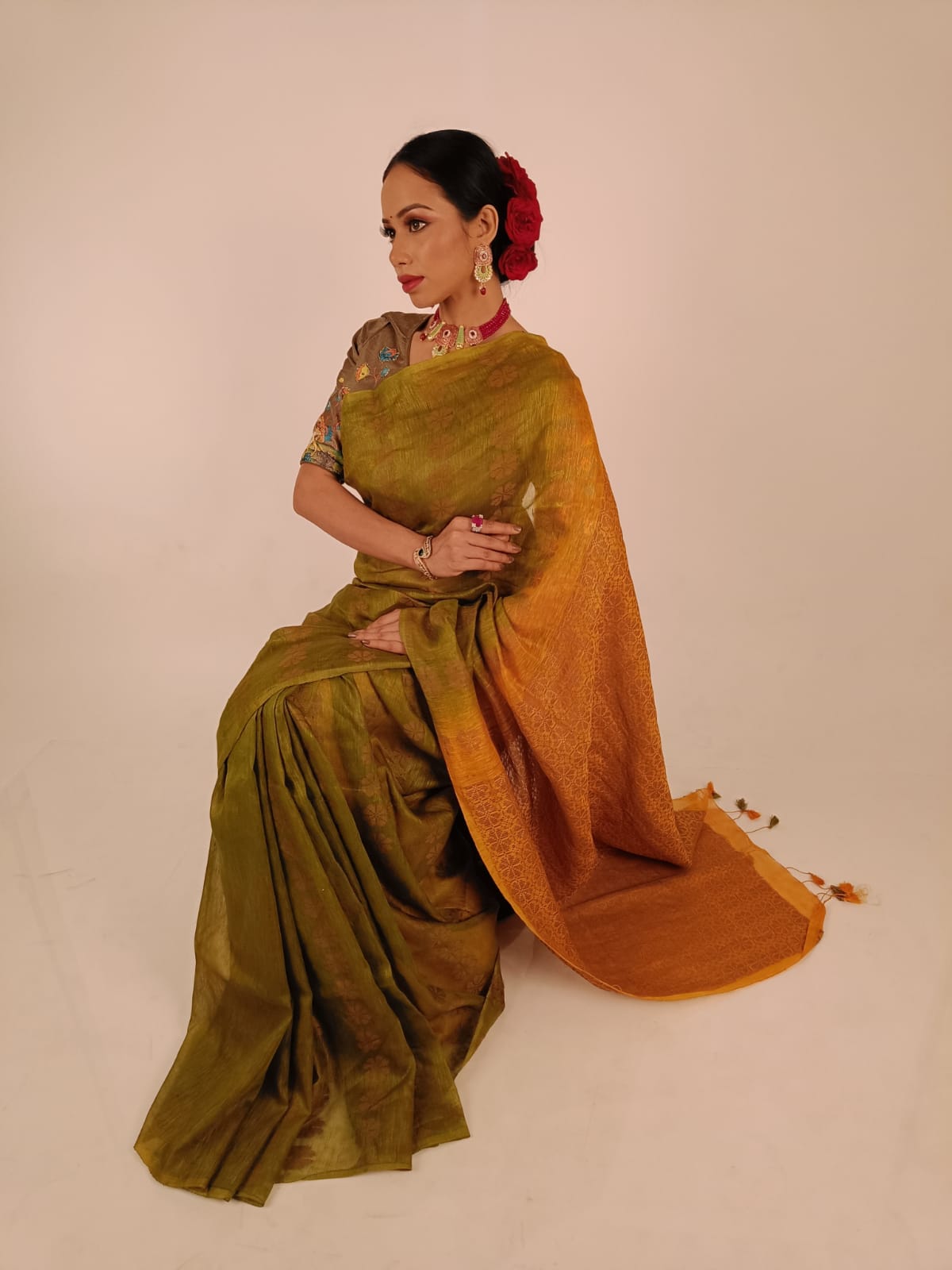 Semi tussare silk zari butti saree